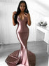 Mermaid V Neck Sweep Train Satin Prom Dresses LBQ1248